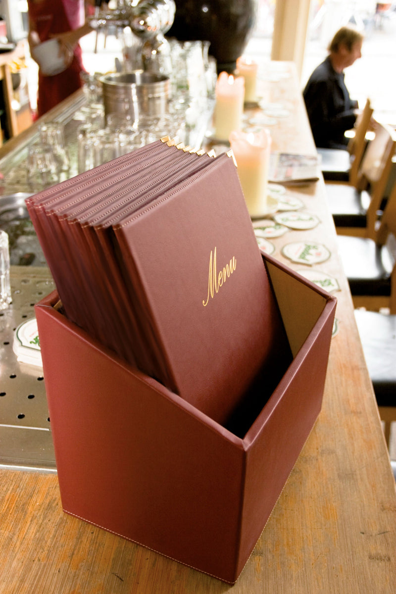 Load image into Gallery viewer, Leather style menu holder in box A4 2 sets of 20 Custom Wood Designs wine-red-leather-style-menu-holder-in-box-a4-2-sets-of-20-53613259653463
