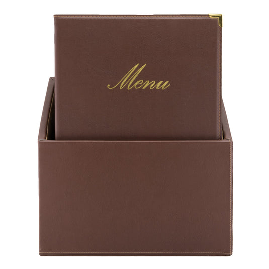 Leather style menu holder in box A4 2 sets of 20 Brown Custom Wood Designs wine-red-leather-style-menu-holder-in-box-a4-2-sets-of-20-53613266534743