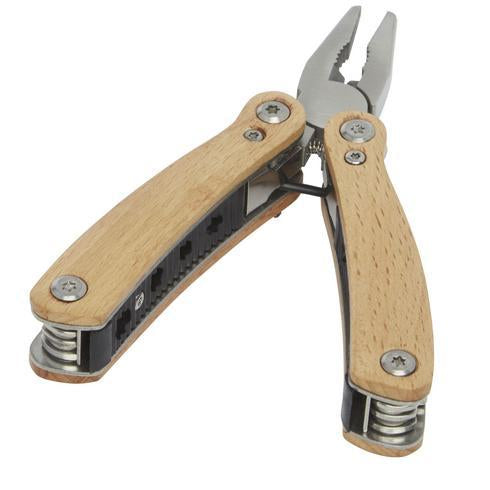 Wooden 12-function multi-tool by Custom Wood Designs, set of 25, featuring various tools in a sleek wooden case.