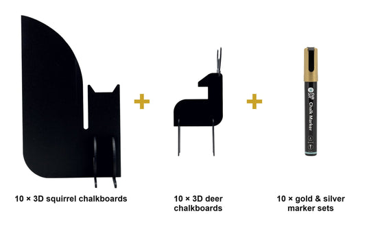 Woodland Table Set - 10 3D Squirrel + 10 3D Deer Chalkboards + Gold & Silver Chalk Markers - what is in the set