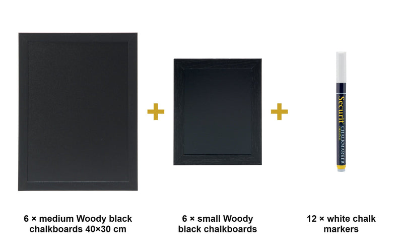 Load image into Gallery viewer, Woody Black Gallery Wall Set - 6 Medium + 6 Small Wall Chalkboards + White Chalk Markers - what is in the set
