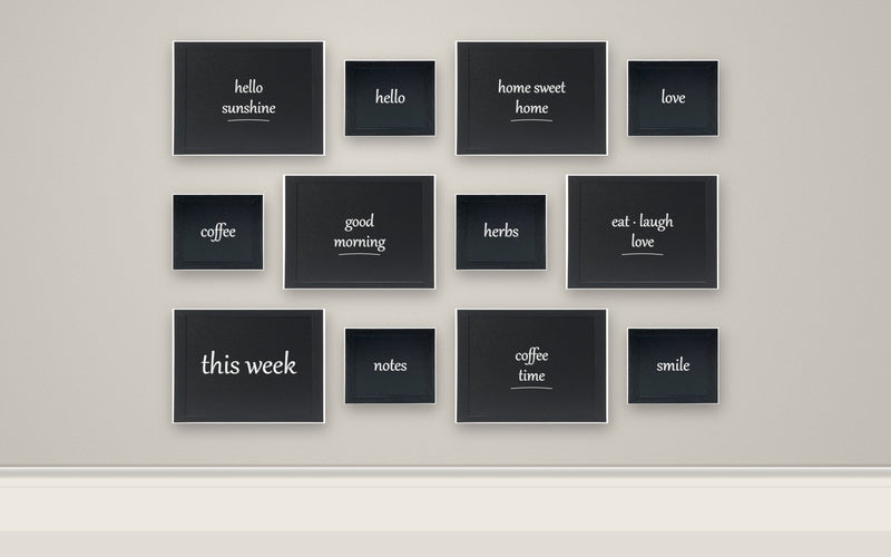 Load image into Gallery viewer, Woody Black Gallery Wall Set - 6 Medium + 6 Small Wall Chalkboards + White Chalk Markers - what is in the set
