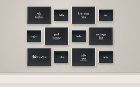 Woody Black Gallery Wall Set - 6 Medium + 6 Small Wall Chalkboards + White Chalk Markers - what is in the set