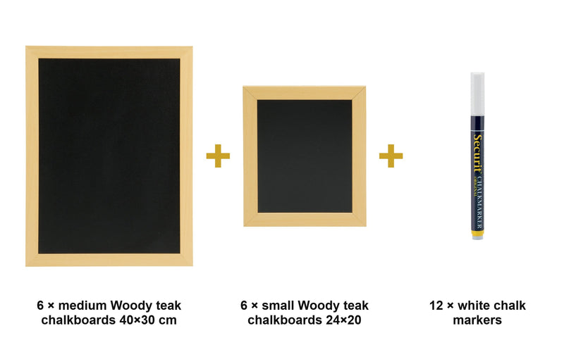 Load image into Gallery viewer, Woody Teak Gallery Wall Set - 6 Medium + 6 Small Wall Chalkboards + White Chalk Markers - what is in the set
