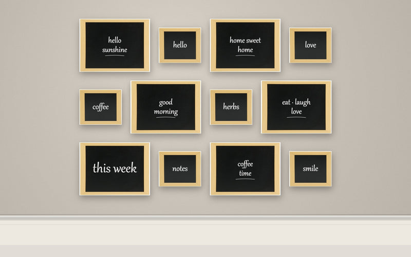 Load image into Gallery viewer, Woody Teak Gallery Wall Set - 6 Medium + 6 Small Wall Chalkboards + White Chalk Markers - what is in the set

