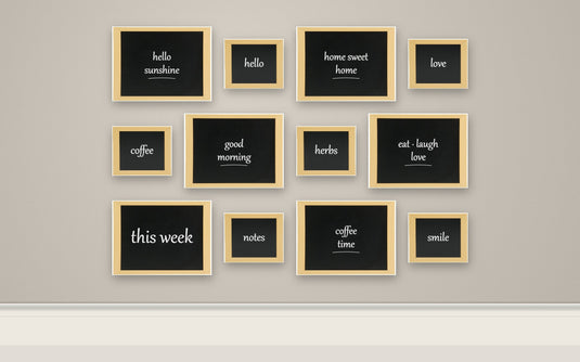 Woody Teak Gallery Wall Set - 6 Medium + 6 Small Wall Chalkboards + White Chalk Markers - what is in the set